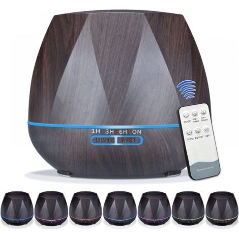 Diffuseur d'huiles essentielles 550 ml, télécommande améliorée 6 en 1, humidificateur à ultrasons à brume fraîche pour aromathérapie, 7 lumières d'ambiance changeantes de couleur