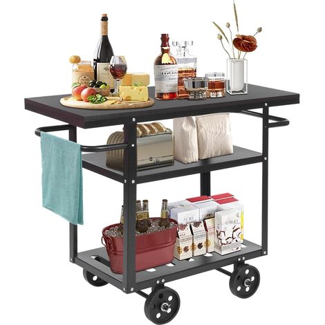 Chariot de service mobile avec roulettes, chariot de cuisine avec plan de travail, 3 niveaux, style vintage, industriel, avec 4 roues et poignée, table d'appoint (noir)