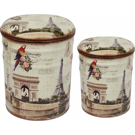 Pouf contenitori da interno in PVC con decoro Parigi Tour Eiffel set 2 pezzi -  Beige