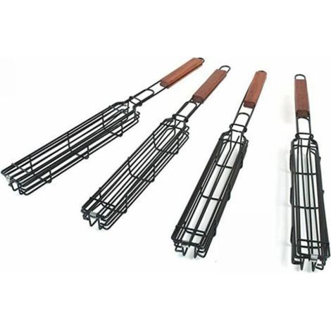 Lot de 4 paniers de barbecue avec grille verrouillable à long manche en bois - Antiadhésifs - En acier inoxydable - Pour barbecue,poissons,légumes,saucisses,oignons (1/5)