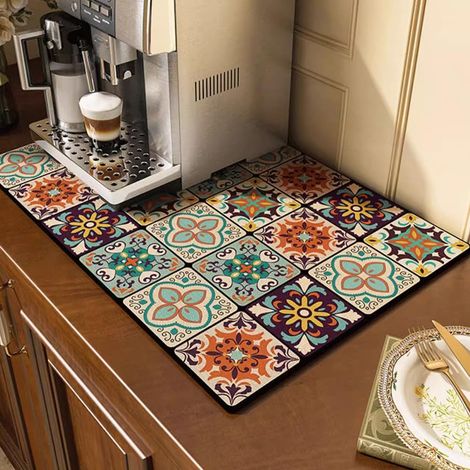 Tapis de séchage antidérapant pour vaisselle - Terre de diatomée absorbante pour machine à café, comptoir de cuisine - Motif carreaux rouges et bleus - 50 x 80 cm (1/5)