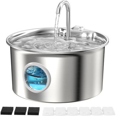 Fontaine Eau Chat INOX-Fontaine Chat Acier Inoxydable Automatique - 2,6L Silencieuse Distributeur d'eau Électrique avec Robinet pour Petit Chien - Filtre Multicouche avec 6 Filtres + 3 Éponges (1/5)