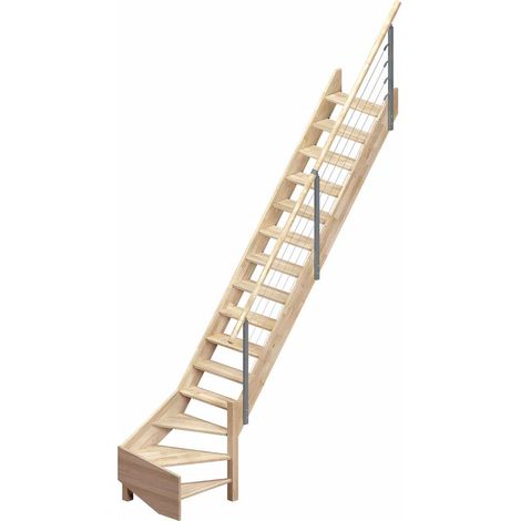 Dolle Raumspartreppe Brest bis 320cm Geschosshöhe 1/4-gewendelt unten rechts in Eiche unbehandelt inklusive Geländer