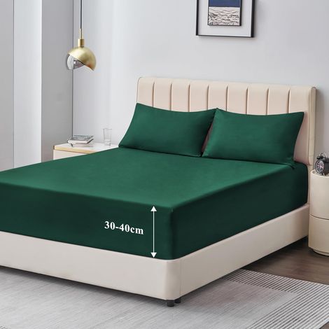 Drap Housse 160x200 Grand Bonnet 40 cm Drap Housse 2 Personnes 160 x 200 Grand Bonnet 40 cm Matelas en Microfibre avec Élastique Tout Autour, Vert Foncé (1/5)