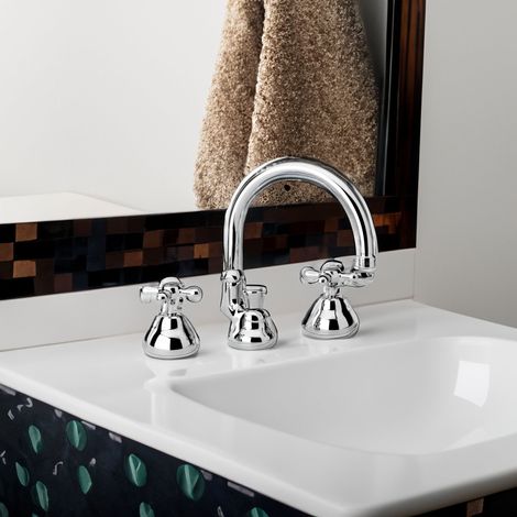 Miscelatore batteria lavabo bocca alta rubinetto con manopole cromo Liberty (1/5)