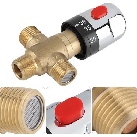 Vanne Mélangeur Eau Chaude Froide Robinet mitigeur thermostatique en laiton solide Robinet température fixe pour lavabo Cuisine Salle de bain Toilette G1/2 35-45℃ 15mm (1/5)
