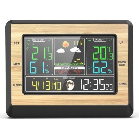 météo sans fil, Horloge de prévision météo à écran couleur à affichage Capteur température humidité, grain de bois (1/4)