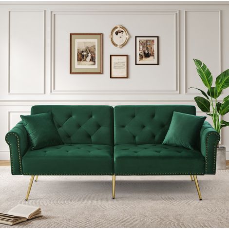 Sofá-cama 147x85 Cm Terciopelo Verde Antiguo, Respaldos Independientes 3 Posiciones, Patas Metal Dorado (1/5)