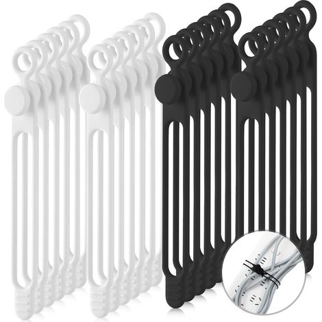 (Black, White, 7.1 Inch)40 Pcs Silicone Cable Ties Reusable Holder Strap Cord Ties Adjustable Cable Straps Multipurpose Charging Cable Organizer for Fastening Cable Charging Cords Wires (1/5)