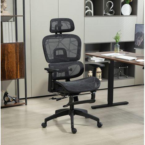 Silla de oficina ergonómica de malla con reposacabezas, reposapiés, reclinable negra DESVIAE (1/5)