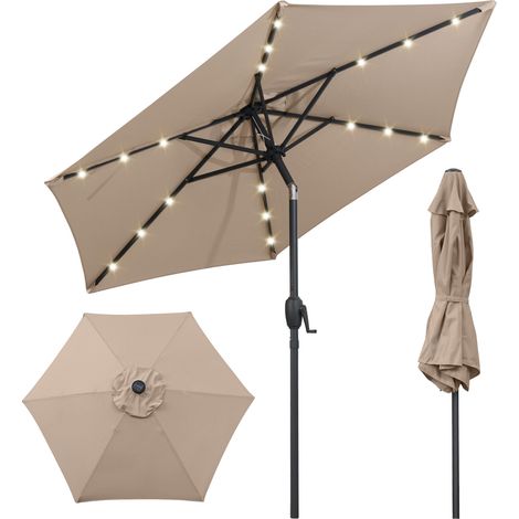 7.5 Feet Solar Powered Patio Umbrella with LED Lights and Crank Handle-Tan (1/5)