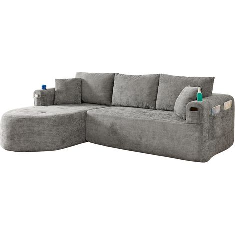 Canapé d'angle en tissu L, style cloud couch sans montage, avec porte-gobelet inox thermorésistant, poches latérales et coussins, gris pour salon moderne - CHICFURN (1/5)