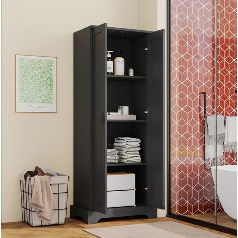 Mueble de baño alto moderno de MDF negro 56 x 40 x 170 cm, 2 puertas, 4 estantes regulables, cierre suave (1/5)