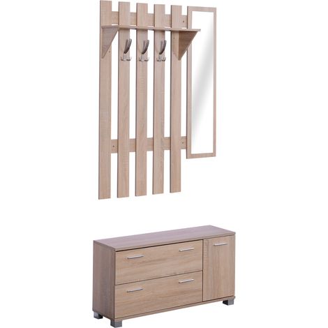 Porte-manteaux d'entrée avec miroir, étagère, 3 crochets, 2 tiroirs, rangement chaussures, chêne (1/5)