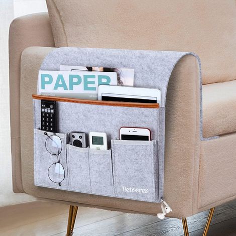 Organiseur de canapé - Organiseur pour canapé, pour livres, magazines, téléphone portable, télécommande, stylo, tablette, lunettes, gris clair (1/5)