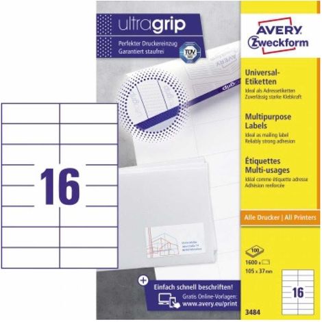Universaletikett ultragrip 105 x 37 mm (B x H) nicht wieder ablösbar Papier weiß 1.600 Etik./Pack.