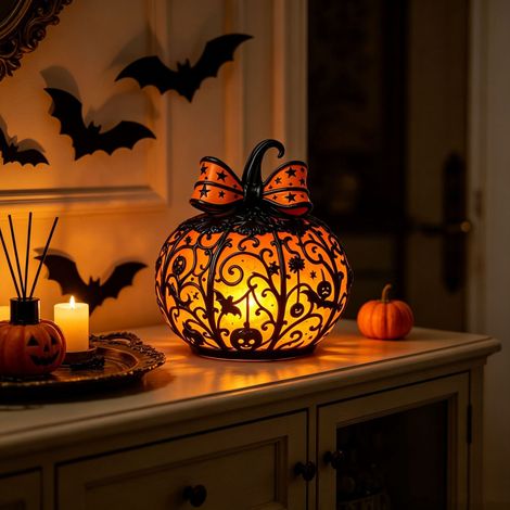 Halloween Kürbis Lampe aus Harz Tiffany Stil Mit Schleife Großes Modell 15 cm Tischdeko (1/5)