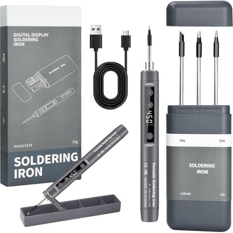 Ensemble de fer à souder portable sans fil avec support, fer à souder USB avec écran LCD, température réglable 180-450 °C, 3 pointes de soudure, pour réparation de circuit imprimé, réparation (1/5)