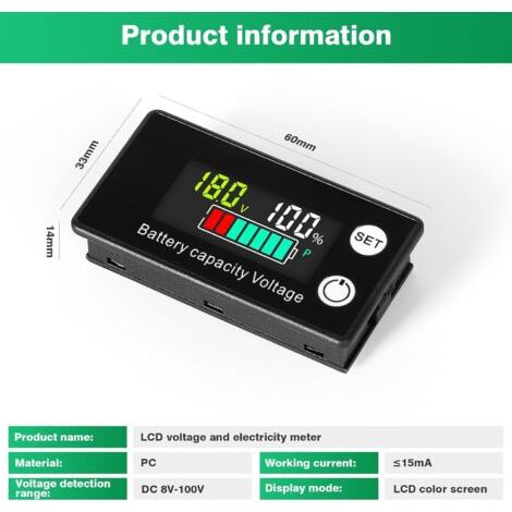 2pcs Voltmètre de batterie DC 8V à 100V pour batteries plomb-acide et lithium 12V, 24V, 48V, avec écran LCD. (1/4)