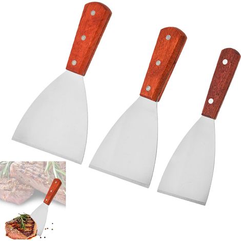 Spatule Plancha Barbecue Spatule Spatules Teppanyaki 3 Pièces Spatule Inox Spatule à Manche en Bois Polyvalente Peut Être Utilisée (1/5)