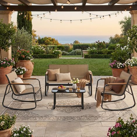 Ensemble de Mobilier de Jardin, 2 Chaises à Bascule avec Table, Banc, en Acier, avec Accoudoirs, Marron