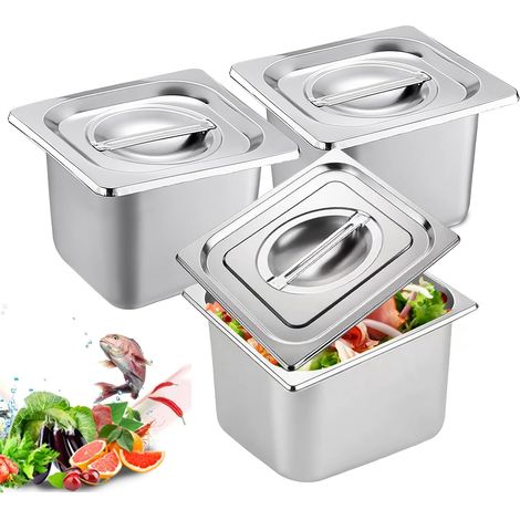 Set de 3 Bacs GN 1/6 - Bac Gastro Inox avec Couvercle – Résistant à la Chaleur, Alimentaire et Idéal pour Cuisine, Buffet et Traiteur (1/5)