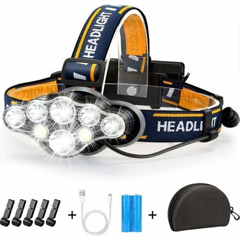 Lampe Frontale LED Rechargeable, Ultra Puissante Lampe à 8 Del de 18000 Lumens, Torche Frontale Étanche et Léger, Parfait pour Le Camping, la Pêche, la Cave (1/4)