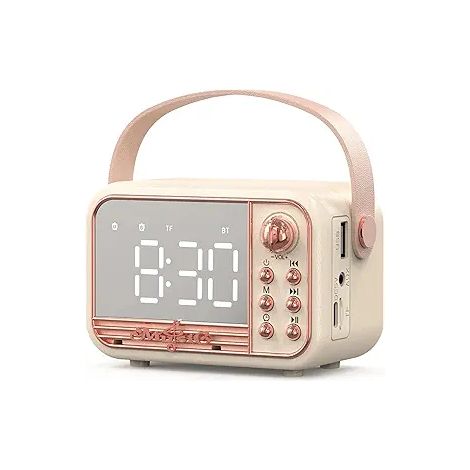 Enceinte Bluetooth Rétro Vintage, Haut-Parleur Portable Sans Fil avec Radio-Réveil, Son Puissant Bluetooth 5.0, Lecture TF Carte Clé USB AUX, Style Ancien pour Cuisine Chambre Maison Extérieur (Blanc (1/3)
