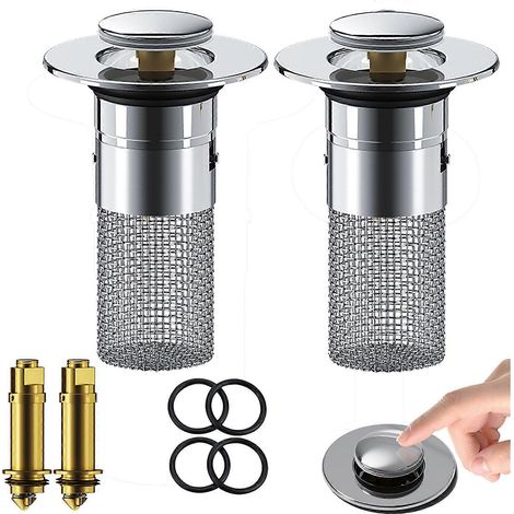 Lot de 2 filtres de vidange escamotables pour lavabo, collecteur de cheveux pour filtre de vidange de salle de bain, filtre de vidange universel avec grille filtrante amovible en acier inoxydable. (1/5)