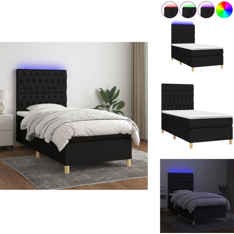Sommier à lattes de lit et matelas et LED Noir 90x200 cm Tissu - Sommier Tapissier - Lit Avec Led - Matelas À Ressorts Ensachés - Têted Lit Ajustable - Éclairage LED (1/5)