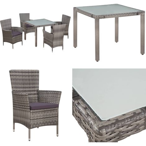 Set da Pranzo da Giardino 5 pz con Cuscini in Polyrattan Grigio - Tavolo da pranzo in vetro - Sedie da giardino