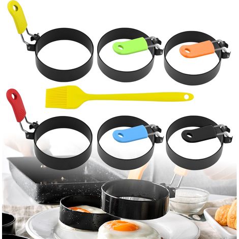 Anneaux D'oeuf avec pinceau à huile 6 Pièces,Antiadhésifs Oeuf en Acier Inoxydable Moule Omelette avec Poignées Pliantes pour Poêle Sandwichs Pain de Viande (1/5)