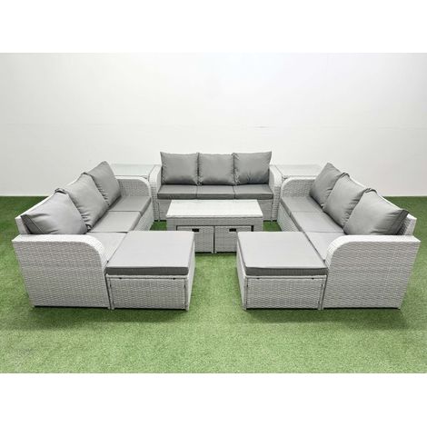Fimous Outdoor Garden Furniture Set PE Rattan 3 Seater Sofa Set with Oblong Coffee Table 4 Footstools 2 Side Tables Light Grey (1/4)