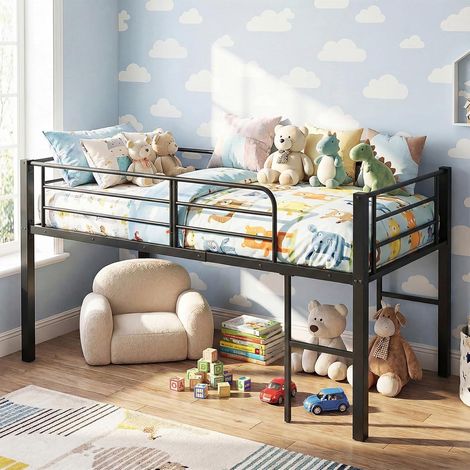COSTWAY Lit Mezzanine 90 x 190 cm, Lit Enfant avec Échelles, Cadre de Lit en Métal, Barrières de Sécurité, Lattes Métalliques Robustes, Gain de Place, Capacité 220 kg, pour Chambre à Coucher (Noir) (1/5)