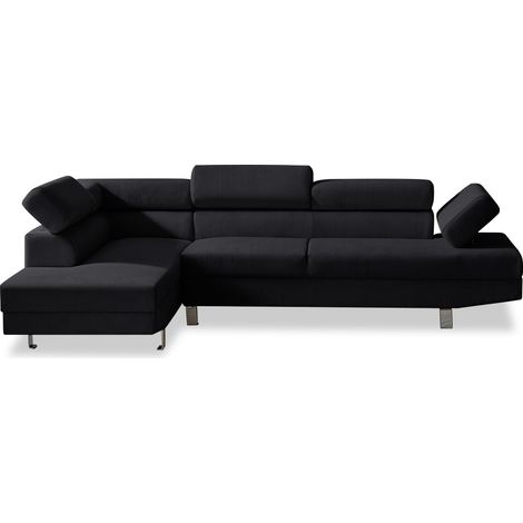 Canapé d'angle gauche avec têtières relevables Palerme velours côtelé noir