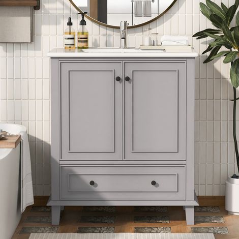 Mobile bagno con lavabo 76 x 46 x 87 cm, grigio, 2 ante, 1 cassetto, piedi in legno DESVIAE (1/5)