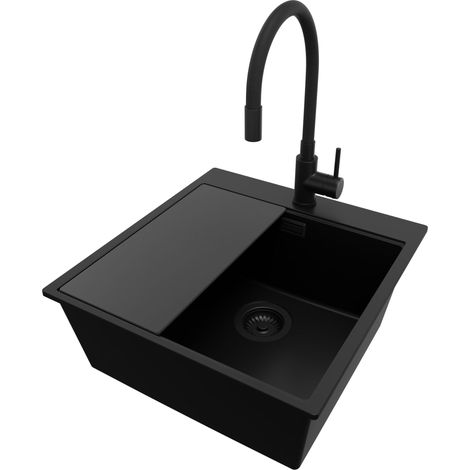 PRIMAGRAN Evier Cuisine en Granit 48x50cm, Lavabo 1 bac + Robinet 40x38cm + Kit de Vidage + Accessoire, Évier à Encastrer au meuble 50cm - Oslo, Tout Noir (1/5)