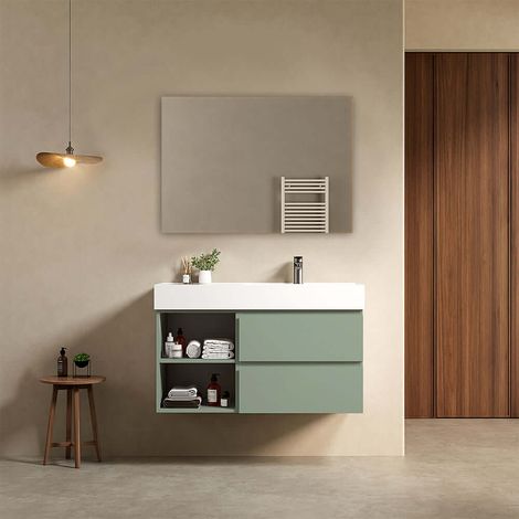 Mobile bagno sospeso 100 cm Verde Salvia Lavabo a Destra in Resina Specchio Quadro - Fiji Paint Plus (1/4)