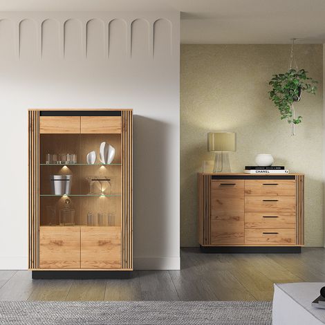 Wohnzimmermöbel Set 2-teilig inkl. Beleuchtung modern in Eiche mit schwarz URBANIA-131 (1/5)