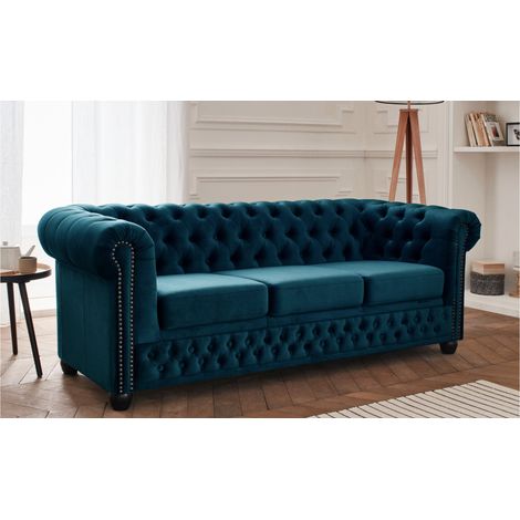 Lisa Design – Canapé Chesterfield 3 places en velours bleu canard – Structure en bois massif – Assise en mousse polyuréthane – Fabrication européenne