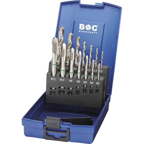 Bohrcraft Maschinengewindebohrer-Satz Gewindebohrer-Satz M3-M12 HSS-E Form B 14-tlg. Grünring für metrische ISO-Gewinde DIN 13 (1/2)