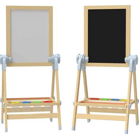 Chevalet double face en bois pour enfants avec tableau blanc et ardoise, hauteur réglable, avec rouleau de papier et rangement naturel (1/5)
