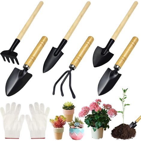 Lot de 6 mini outils de jardin Pelle de jardin, râteau et pelle avec manche en bois Pour bonsaï, fleurs en pot, transplantation Outils de jardin portables (1/5)