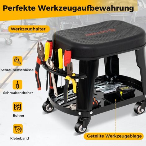 Werkstatthocker werkstattstuhl mit gerateablage und werkzeughalter werkstatt rollhocker schwarz