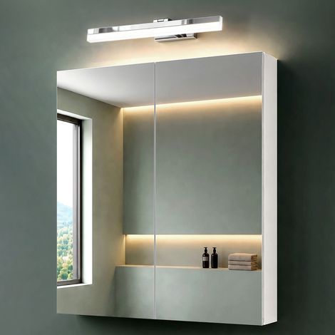 Mai & Mai Armoire Suspendue de Salle de Bain avec Miroir et Lampe LED 180° Rotative 40cm Chrome 2 Portes Armoire Miroir Murale Éclairage et Étagère 60x15x70 cm Blanc Mat SpiegelSR-02
