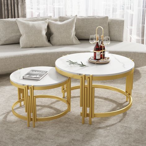 Tavolino da salotto set nestabile MDF effetto marmo bianco e metallo ottone antico, rotondo 71,5/51,5 cm (1/5)