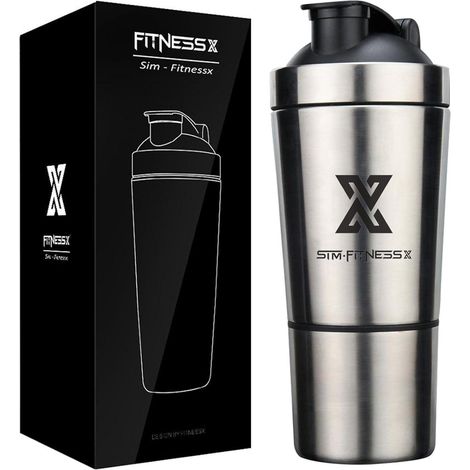 Edelstahl Protein Shaker 700ml + 200ml Sport Fitness Eiweiß Shake Bottle