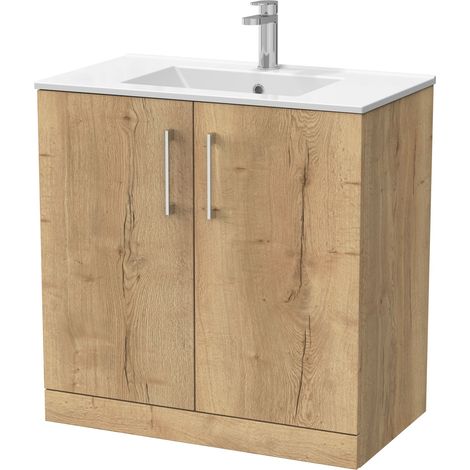 Pershall Contemporary Floor Standing 2 Door Vanity Unit with Minimalist Ceramic Basin, 800mm, Autumn Oak