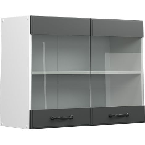 Armario de cocina con vidrio R-Line, Antracita casa de campo, 80 cm, Vicco
