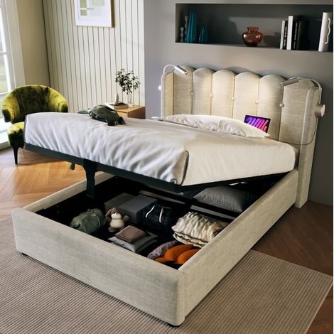 DESVIAE Lit simple en lin naturel avec liseuse et port USB tête de lit rangement 90 x 200 cm cadre en fer (1/5)